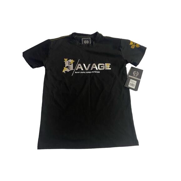 Mens Shirt Size S/8 Black gold Silver short Sleeve Embossed Savage New With Tags - Picture 1 of 5